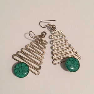 Abstract silver earrings with green stone